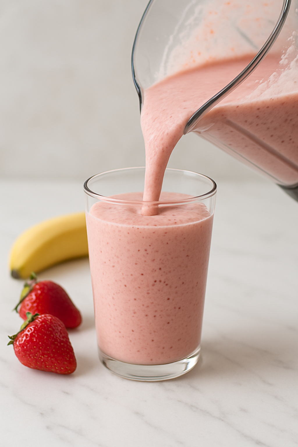 Glass of strawberry banana smoothie with fresh fruits
HOW TO MAKE A STRAWBERRY BANANA SMOOTHIE