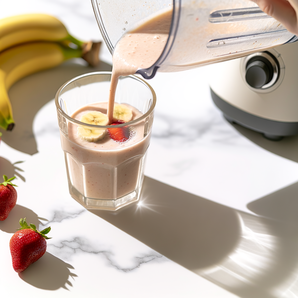 Glass of delicious banana and strawberry smoothie
HOW TO MAKE A BANANA AND STRAWBERRY SMOOTHIE