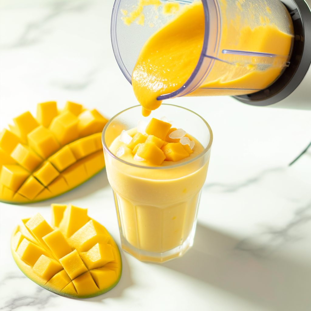 Freshly blended mango smoothie with frozen fruits
HOW TO MAKE A MANGO SMOOTHIE WITH FROZEN FRUIT