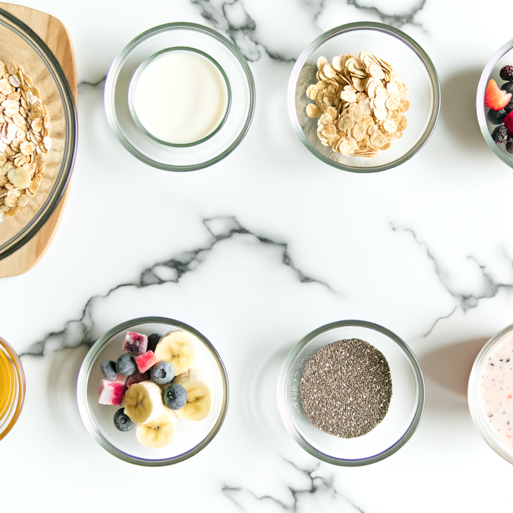 Ingredients for making a smoothie bowl including fruits, nuts, and seeds