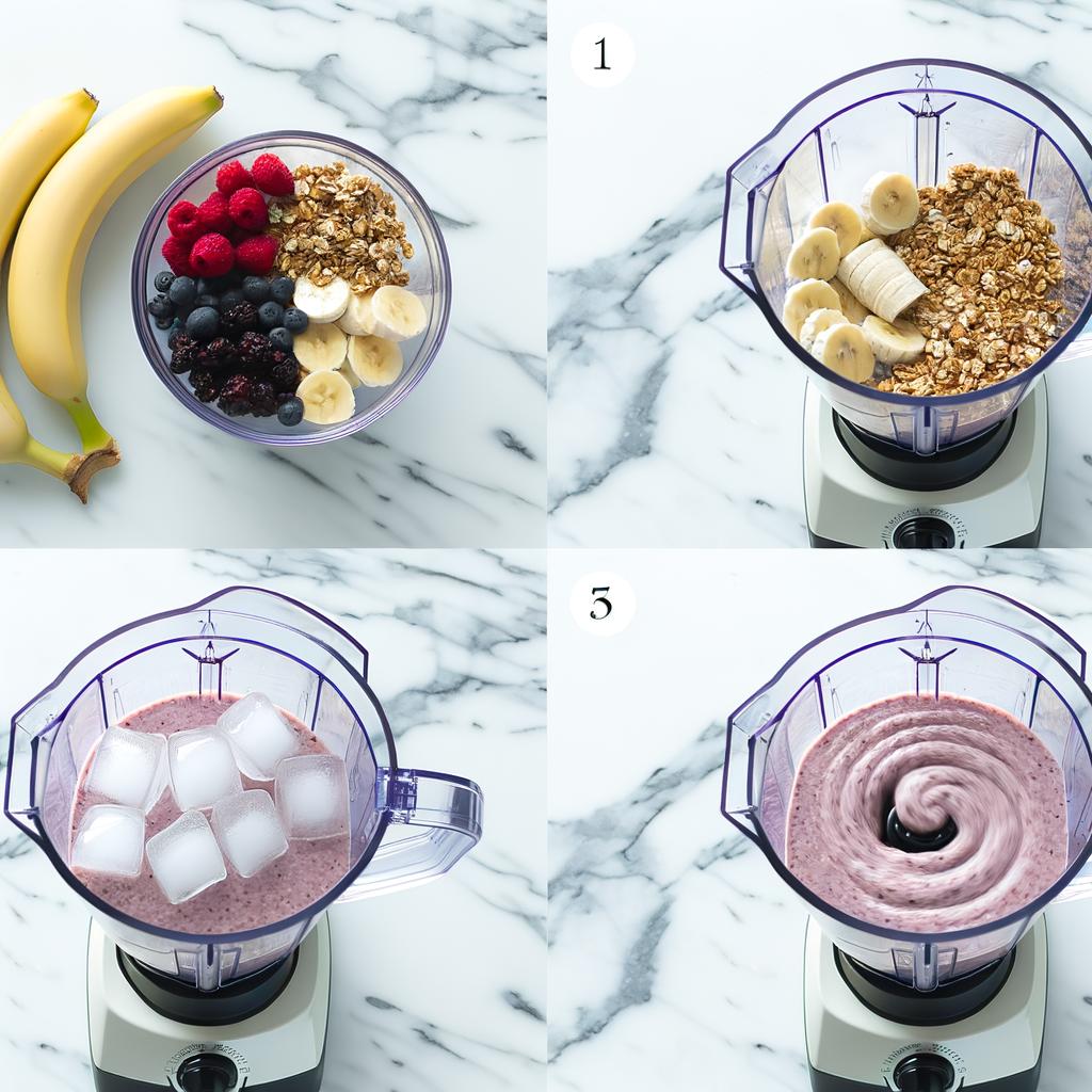 Array of ingredients including frozen fruits, granola, and spinach