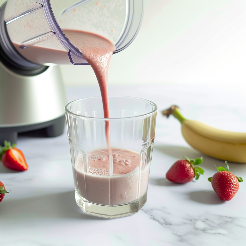 Finished Strawberry Smoothie in a glass
HOW TO MAKE A STRAWBERRY SMOOTHIE