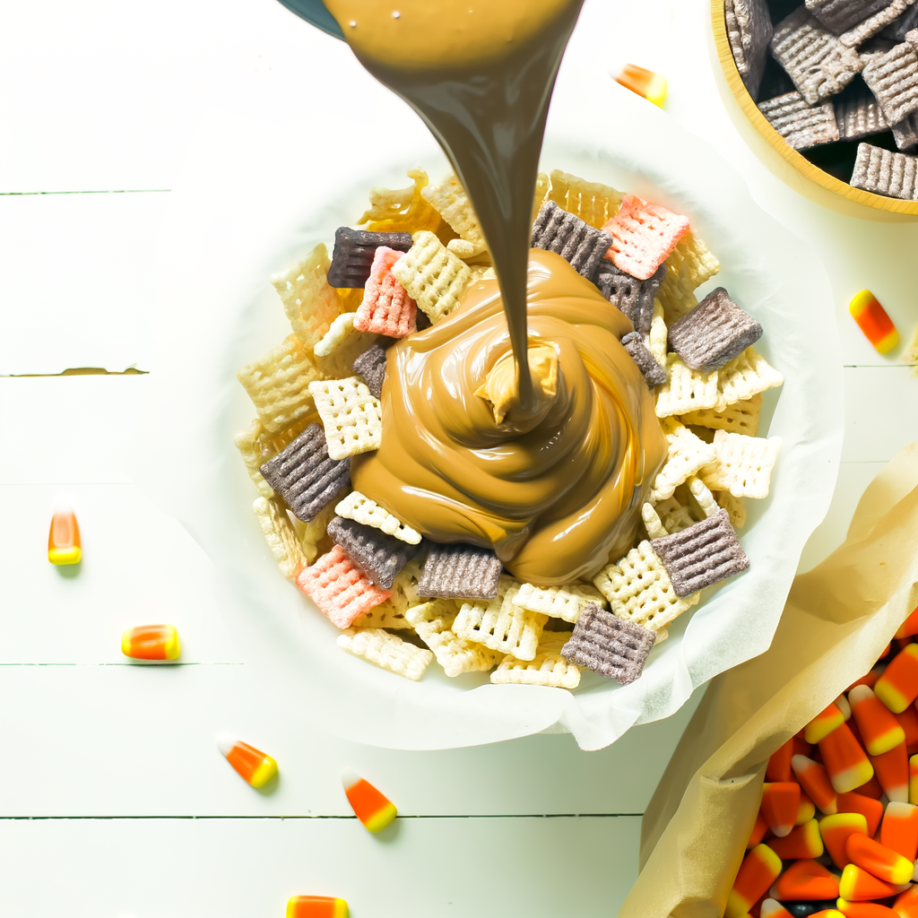 Bowl of Halloween Puppy Chow Chex Mix with candies