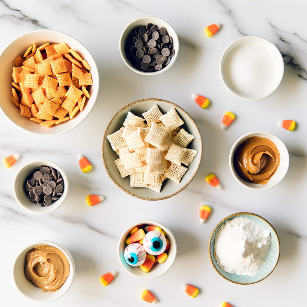 Close-up of Halloween Puppy Chow Chex Mix ingredients